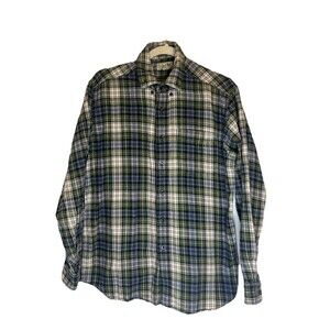 L.L. Bean Men's Medium Tartan Checked Plaid Flannel Shirt Green Blue White